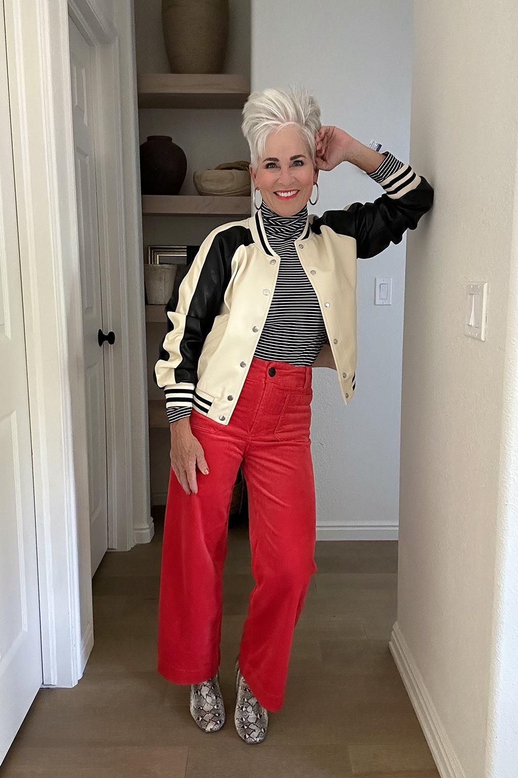 red pants baseball jacket